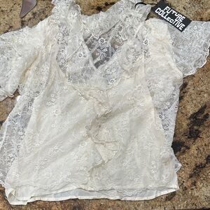 Future Collective Cream v neck Lace Blouse